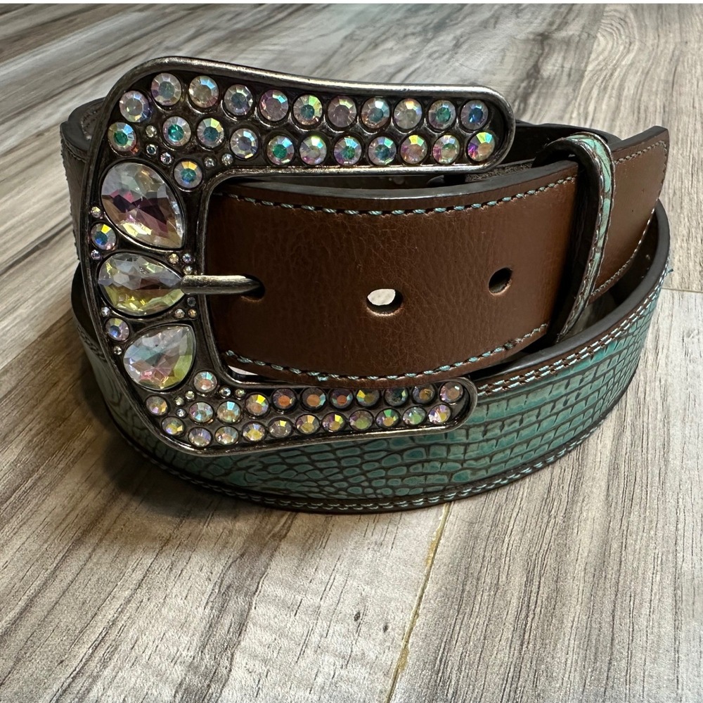 Roper Western Turquoise Brown Leather Rhinestone Bling Buckle Belt Size XL 38/40